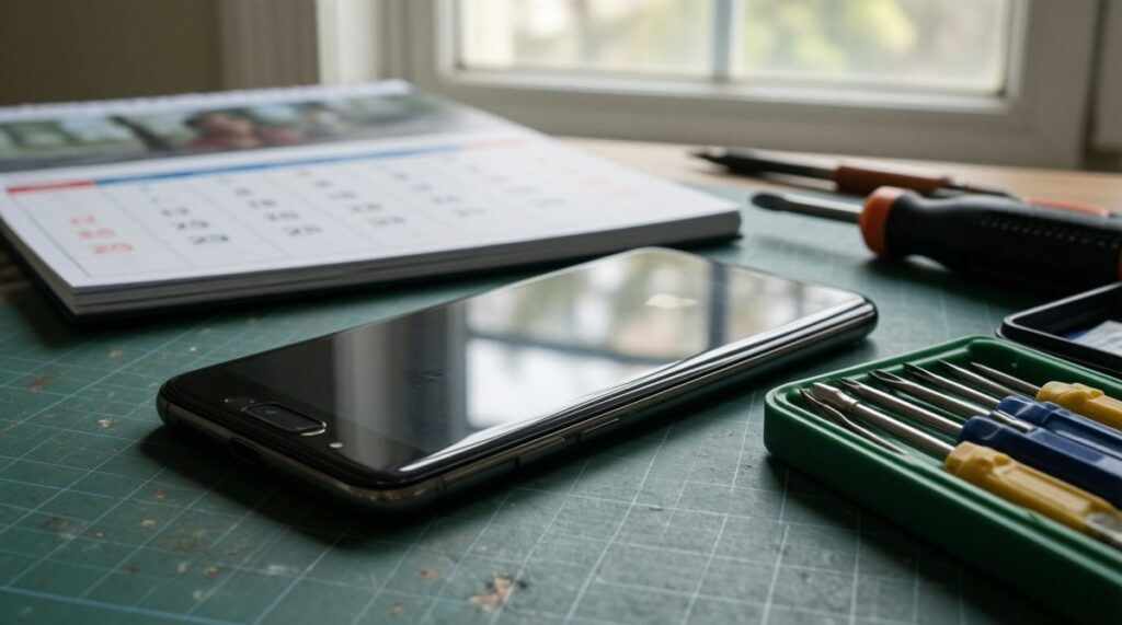 Móvil Android sobre un banco de trabajo junto a destornilladores de precisión y un calendario