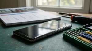 Móvil Android sobre un banco de trabajo junto a destornilladores de precisión y un calendario