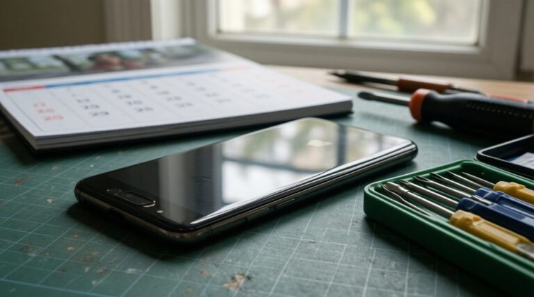 Móvil Android sobre un banco de trabajo junto a destornilladores de precisión y un calendario