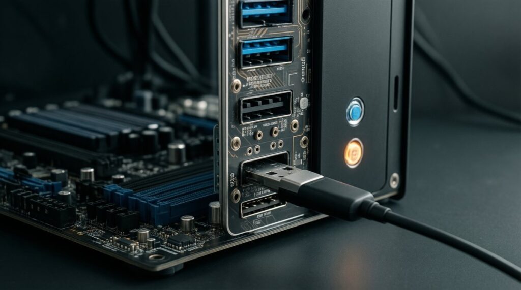 Pendrive conectado al panel trasero de una placa base con un botón iluminado