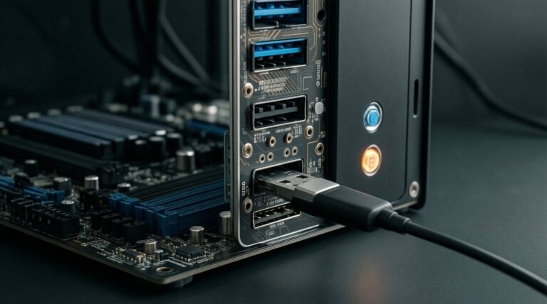 Pendrive conectado al panel trasero de una placa base con un botón iluminado