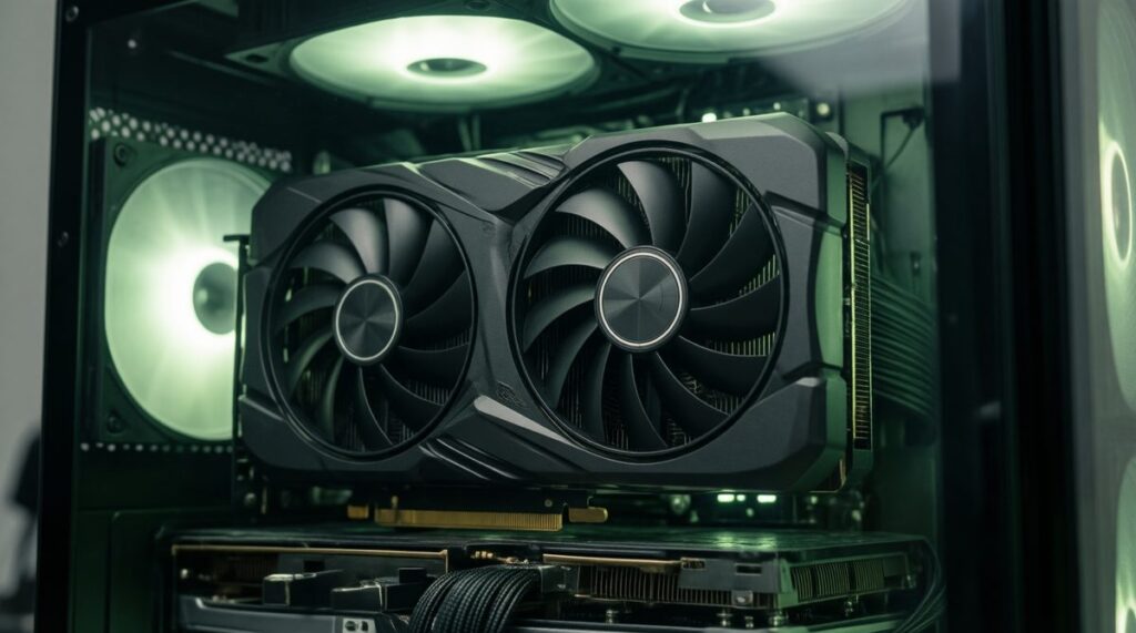 Tarjeta gráfica con dos ventiladores instalada en un PC con luz verde