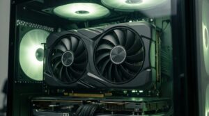 Tarjeta gráfica con dos ventiladores instalada en un PC con luz verde