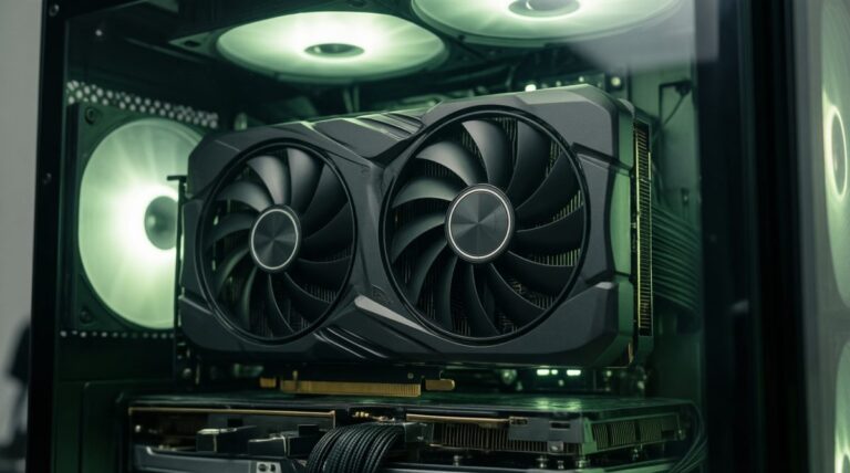 Tarjeta gráfica con dos ventiladores instalada en un PC con luz verde