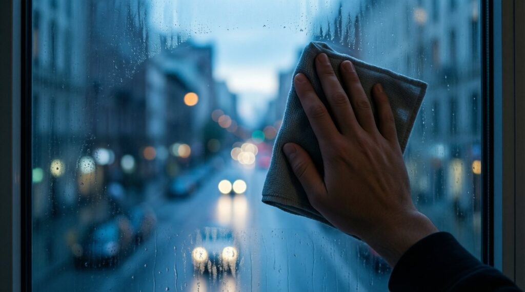 Una mano limpia con un paño una ventana empañada con la ciudad al fondo
