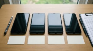 Cuatro móviles iguales en fila sobre una mesa con tarjetas en blanco delante