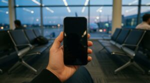 Persona con un móvil apagado en la sala de espera de un aeropuerto