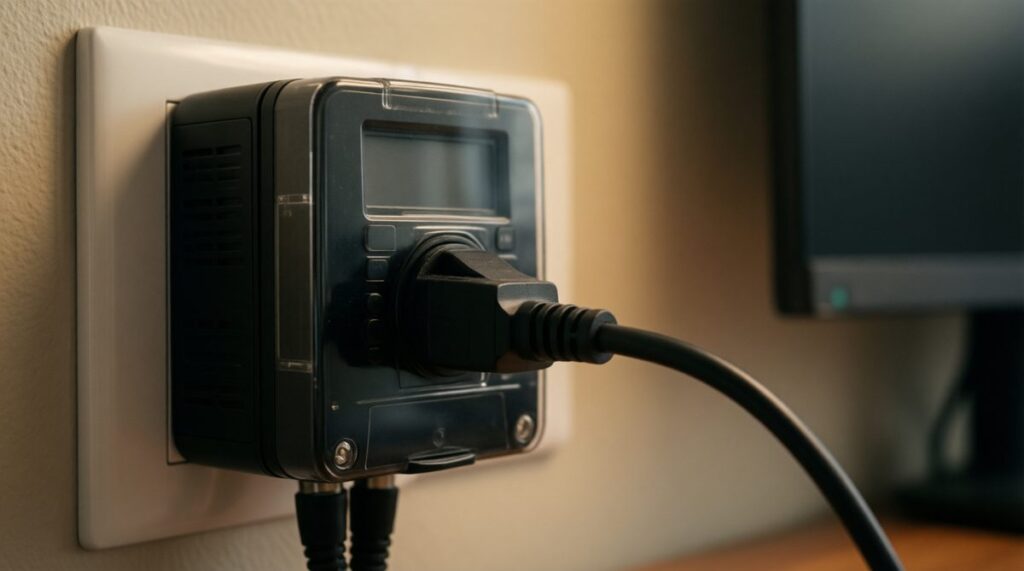 Enchufe medidor de consumo conectado a la pared con el cable de un PC