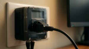 Enchufe medidor de consumo conectado a la pared con el cable de un PC