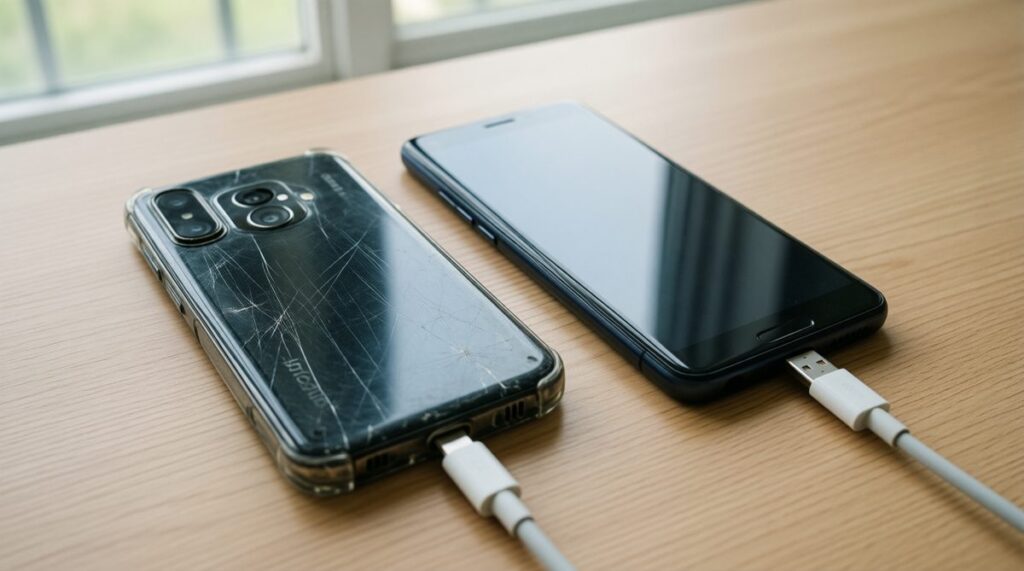 Un móvil Android antiguo con la carcasa rayada y otro nuevo, con cables USB-C, sobre una mesa