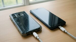 Un móvil Android antiguo con la carcasa rayada y otro nuevo, con cables USB-C, sobre una mesa