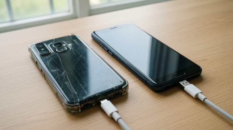 Un móvil Android antiguo con la carcasa rayada y otro nuevo, con cables USB-C, sobre una mesa