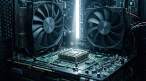 Disipador de procesador y tarjeta gráfica dentro de una caja de PC abierta