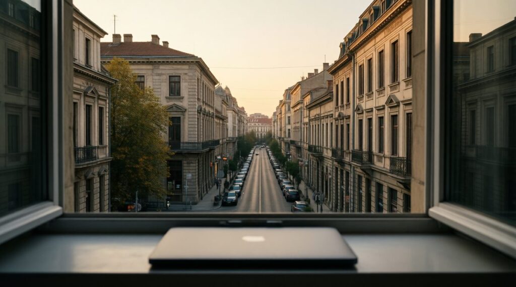 Calle de Bucarest al atardecer vista desde una ventana con un portátil cerrado