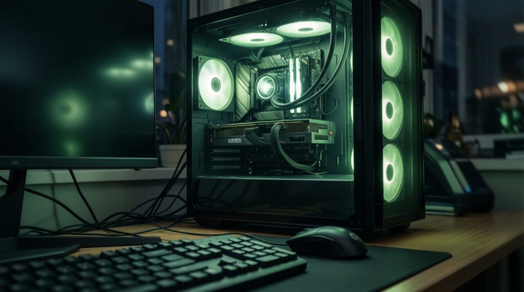 PC de sobremesa con caja de cristal iluminada en verde junto a un teclado y un ratón