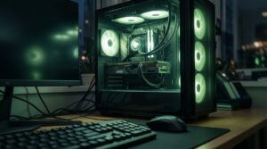 PC de sobremesa con caja de cristal iluminada en verde junto a un teclado y un ratón