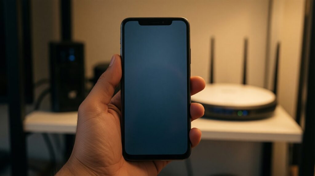 Mano sujetando un móvil Android con un router wifi desenfocado al fondo