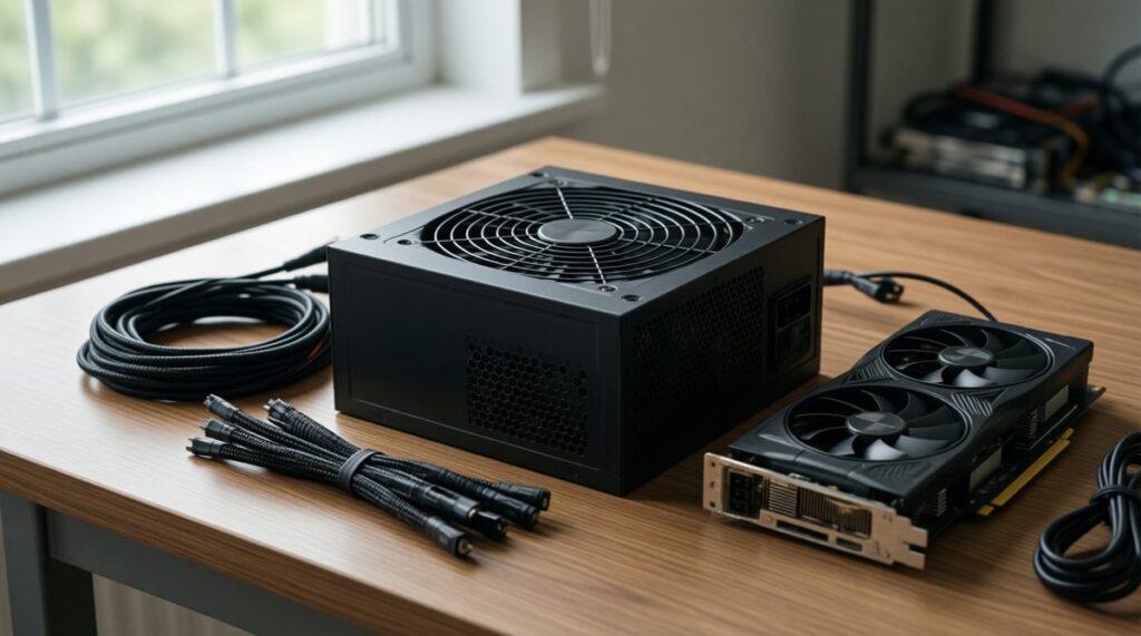 Fuente de alimentación ATX modular con cables trenzados junto a una tarjeta gráfica de dos ventiladores sobre una mesa de madera