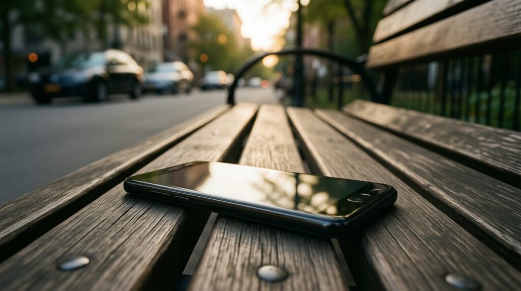 Móvil Android olvidado en un banco junto a una calle