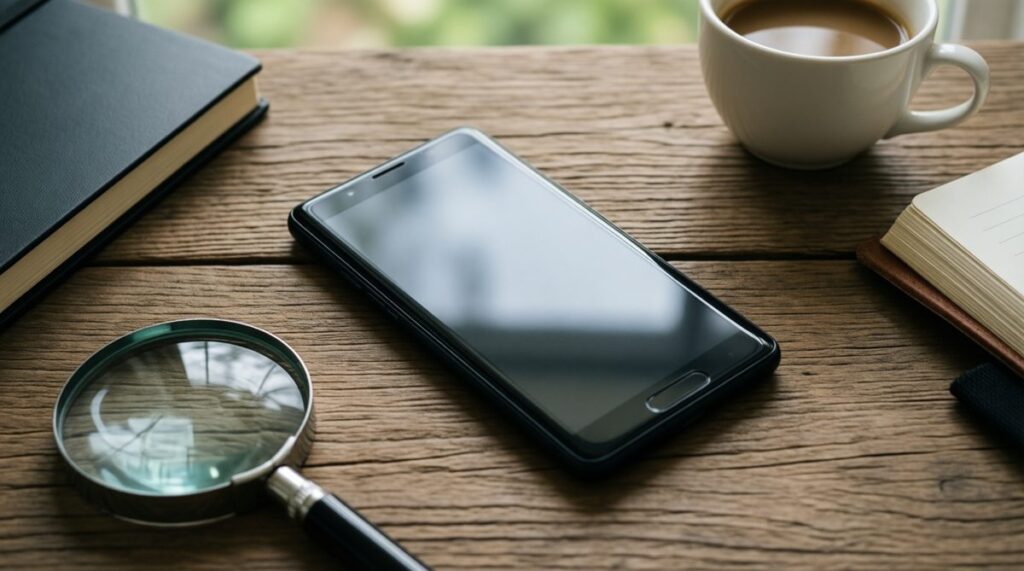 Móvil Android boca abajo sobre una mesa de madera junto a una lupa, una libreta y un café