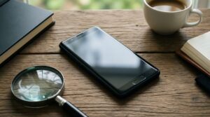 Móvil Android boca abajo sobre una mesa de madera junto a una lupa, una libreta y un café