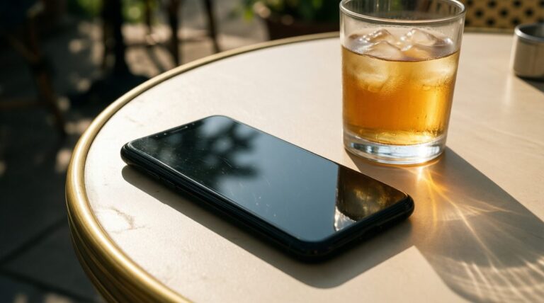 Móvil sobre la mesa de una terraza al sol junto a un vaso con hielo