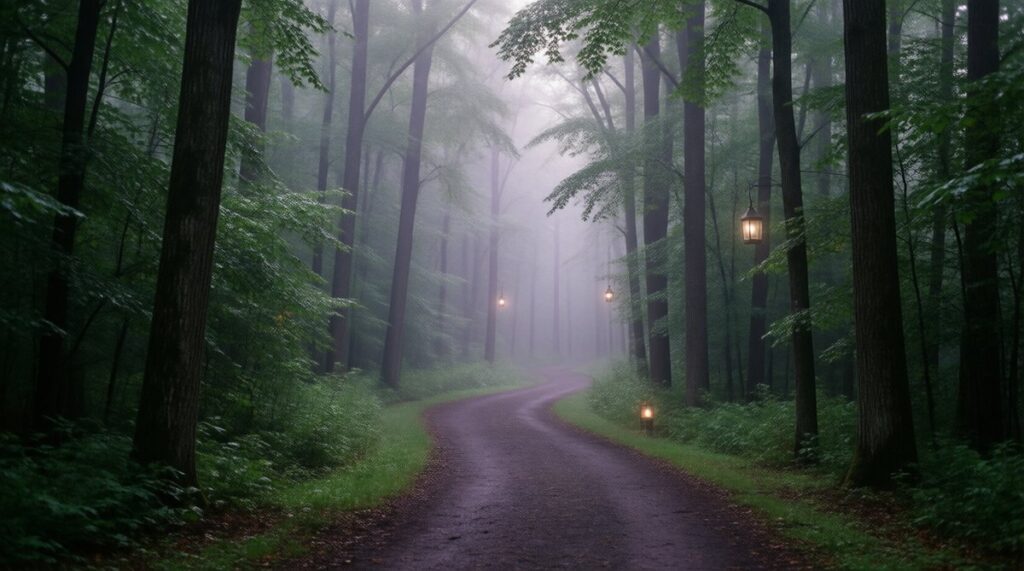 Camino de bosque entre niebla con tres faroles encendidos a lo largo