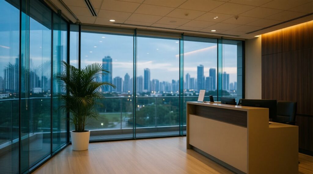 Recepción vacía de una oficina con la ciudad de Panamá al fondo