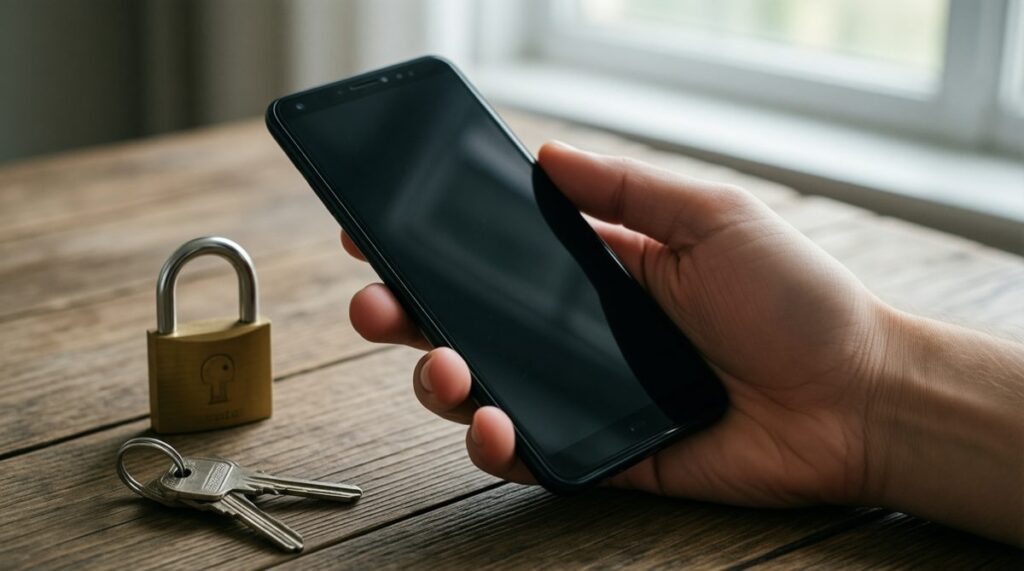 Mano sujetando un móvil Android sobre una mesa junto a un candado y unas llaves