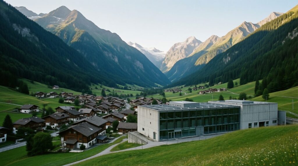 Valle de montaña en Suiza con un edificio moderno junto a un pueblo