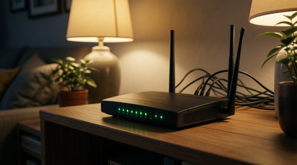 Router doméstico con luces encendidas en una estantería de noche