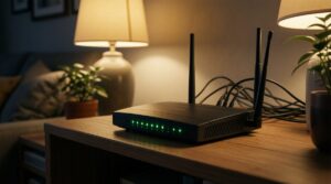 Router doméstico con luces encendidas en una estantería de noche