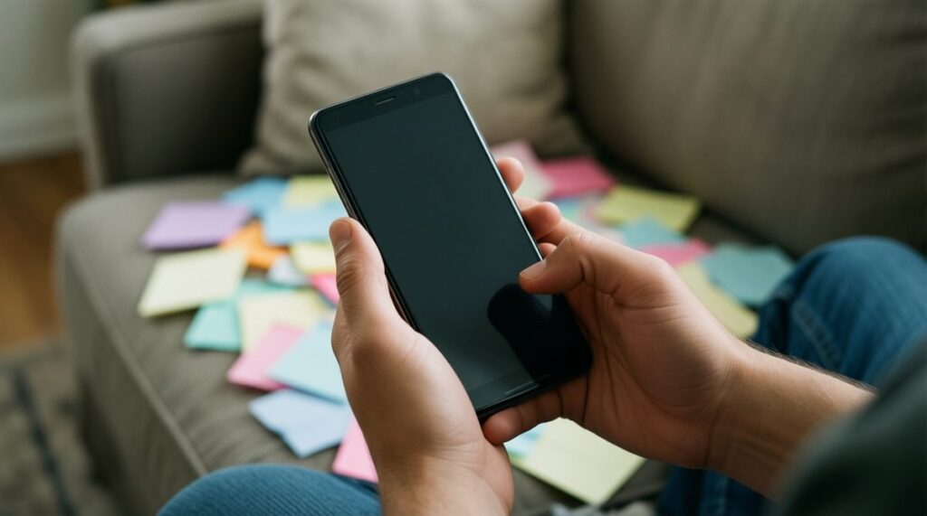 Manos sujetando un móvil Android con la pantalla apagada