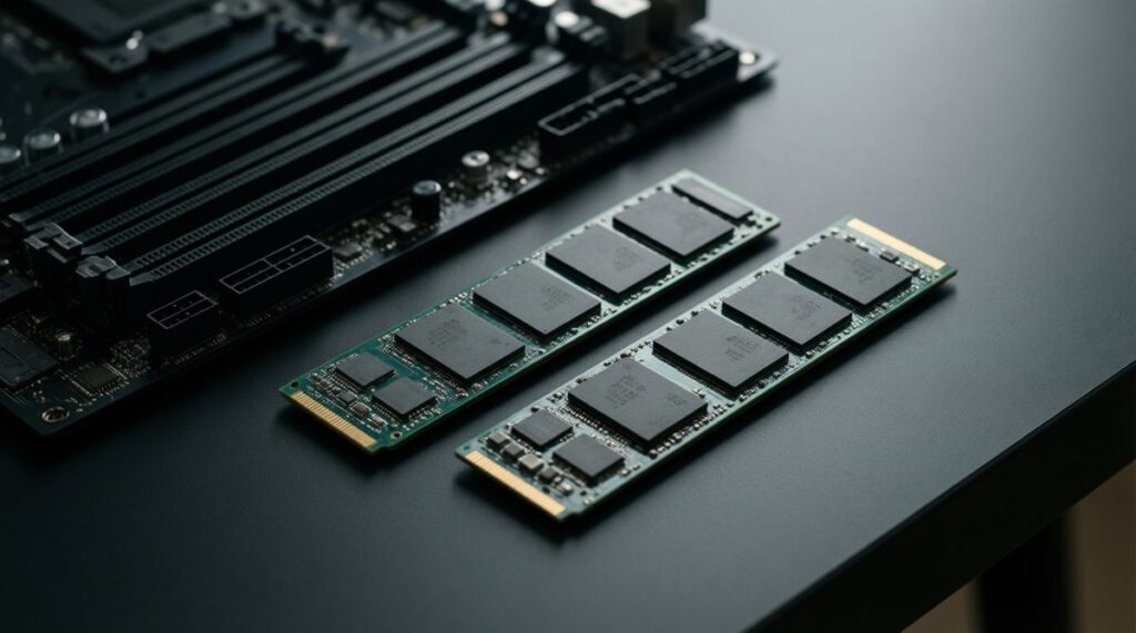 Dos SSD M.2 sin marca sobre una mesa junto a la placa base