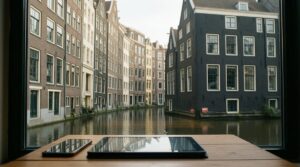 Canal de Ámsterdam visto desde una ventana con móviles y una tablet sobre la mesa