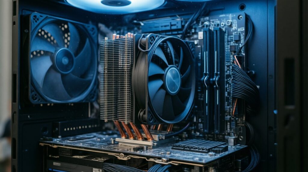 Disipador de torre con heatpipes de cobre montado en la placa base dentro de un PC