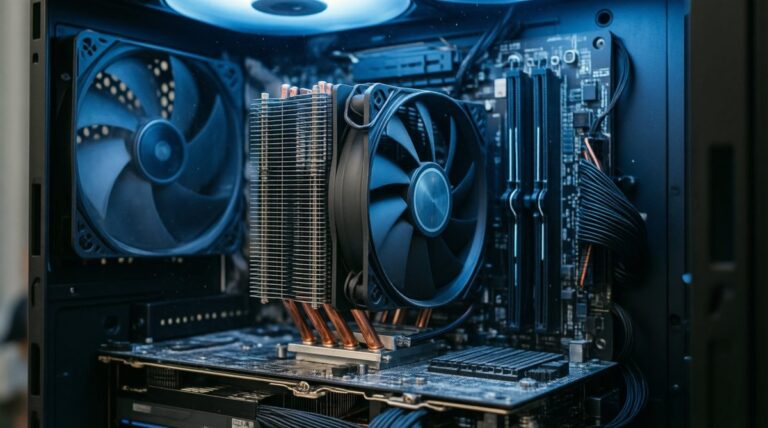 Disipador de torre con heatpipes de cobre montado en la placa base dentro de un PC