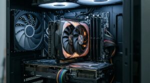 Tarjeta gráfica de dos ventiladores instalada dentro de una caja de PC abierta