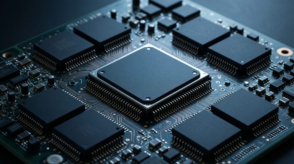 Placa de una tarjeta gráfica sin disipador con el chip gráfico en el centro y seis chips de memoria a su alrededor